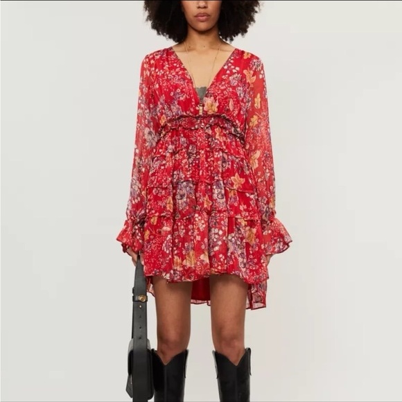 Free People Dresses & Skirts - Free People Teegan Red Floral Mini Dress Long Sleeve Flowy Bohemian Size L